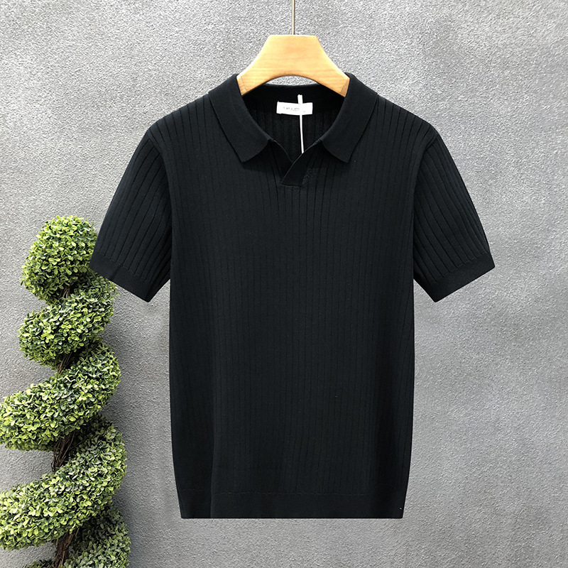 Herren-Poloshirt, gestreift, aus Eisseide, gestrickt, Kurzarm, Umlegekragen, V-Ausschnitt, Möwenkragen, klassischer Stil, atmungsaktiv_voghion.com
