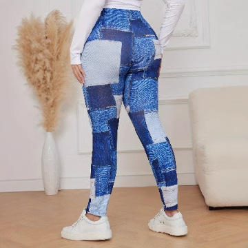 European and American plus-size women's tight denim-style long pants with elasticity, slimming, high-waisted, stretchable and versatile