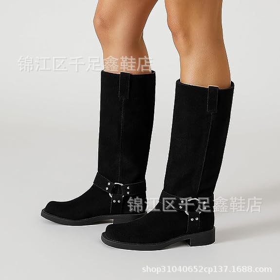2026 New Foreign Trade Women's Knee-High Boots with Chunky Heels, Buckle Boots, Square Toe Slip-On Motorcycle Riding Boots, Low-Heeled High Boots 2026 New Foreign Trade Women's Knee-High Boots with Chunky Heels, Buckle Boots, Square Toe Slip-On Motorcycle Riding Boots, Low-Heeled High Boots