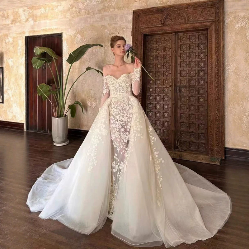 Strapless Light Wedding Dress New Summer Style Elegant Bride Long-Sleeve Mermaid Lace Texture Wedding Gown Forest Style Dress European and American Style Strapless Light Wedding Dress New Summer Style Elegant Bride Long-Sleeve Mermaid Lace Texture Wedding Gown Forest Style Dress European and American Style