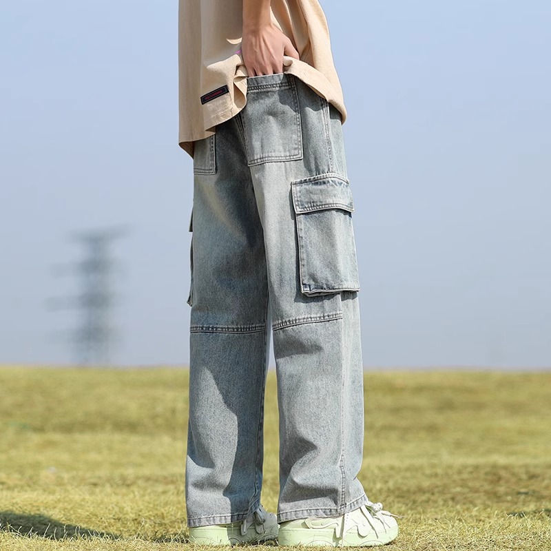 Men’S Cargo Jeans – Vintage Washed Denim Pants With Patchwork & Multi-Pockets Relaxed Straight Fit_mkmklike.com