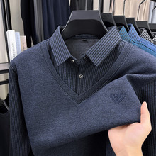 冬季男士加绒加厚假两件毛衣男士长袖翻领针织衫保暖男装打底衫
