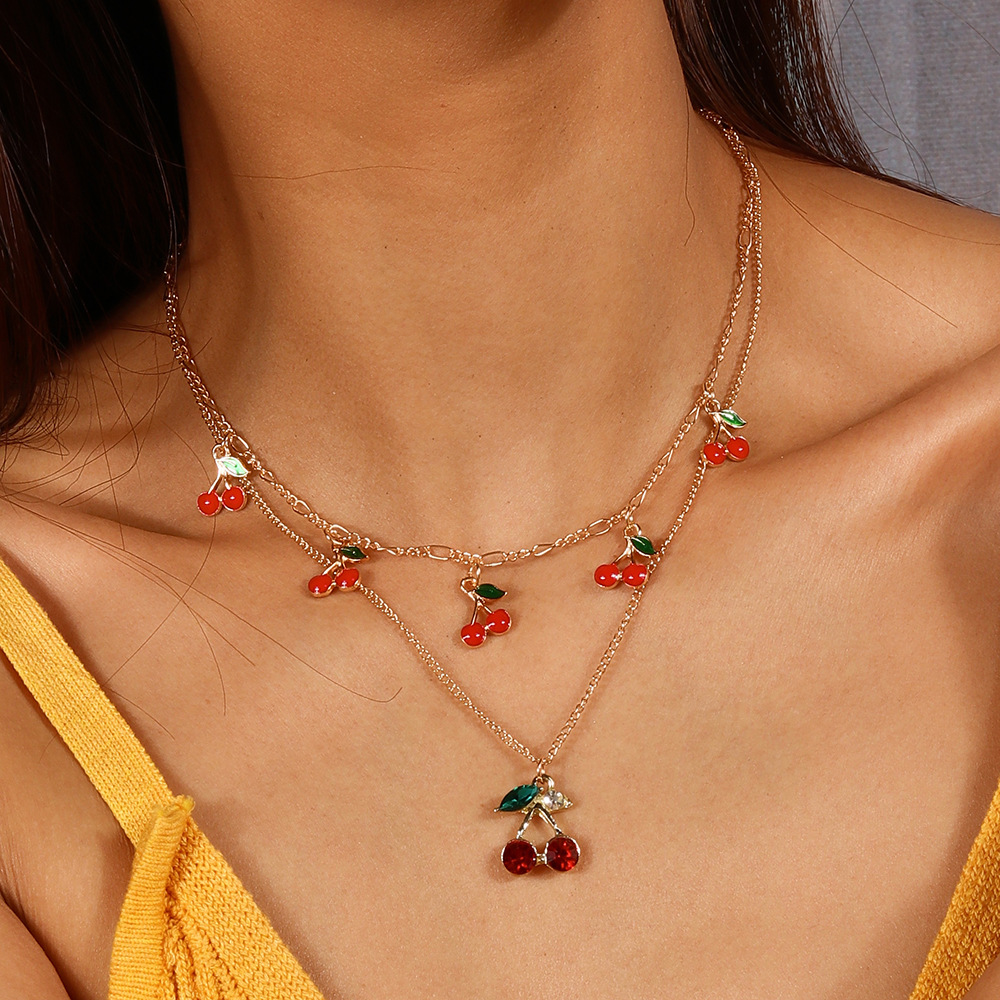 15g Weight Alloy Pendant Material Double Layer Necklaces Classification Alloy Chain Material 1 Piece Quantity Date, Tea Party Occasion Alloy Material Cherry Pattern Women's Gender Plating Design Sweet Style Sweet Cherry Alloy Wholesale Double Layer Necklaces 4