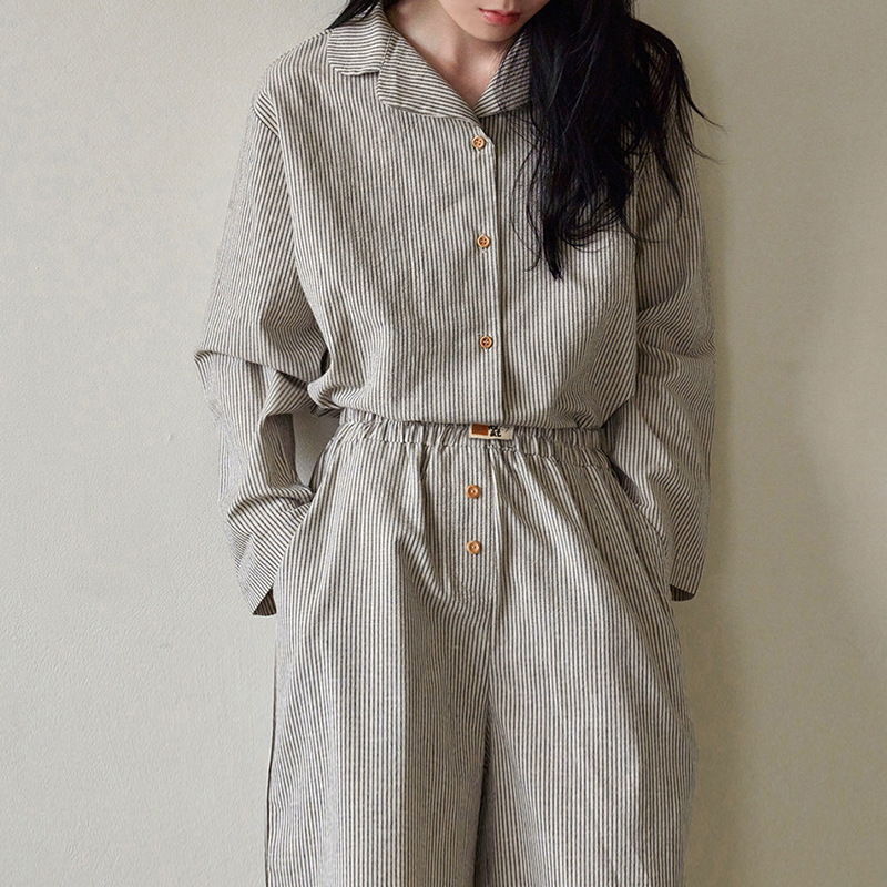 Korean-style striped home clothes suit can be worn outside women's lapel single-breasted long-sleeved top elastic waist wide-leg trousers Korean-style striped home clothes suit can be worn outside women's lapel single-breasted long-sleeved top elastic waist wide-leg trousers