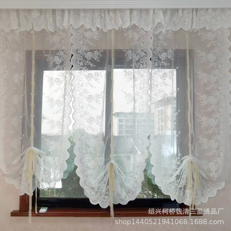 客厅魔术贴窗帘蕾丝厨房隔断帘气球帘提拉帘免打孔纱帘窗帘纱批发