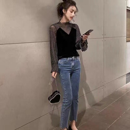 Semi-high-neck lace base shirt for women in spring and autumn new style mesh Western-style all-matching inner lace blouse winter
