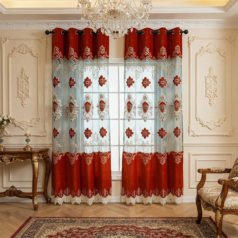 Vintage European Sheer Curtains Gold Thread Embroidered Drapes_voghion.com