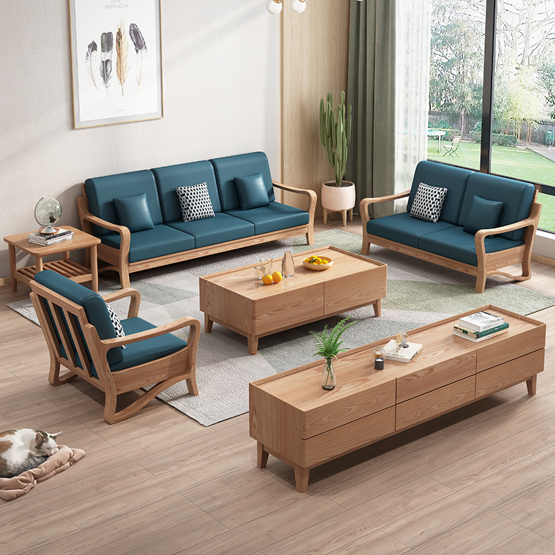 Madera maciza cera blanca sofá sala de estar hogar estilo japonés nórdico registro silencioso viento tecnología impermeable sofá de tela combinación