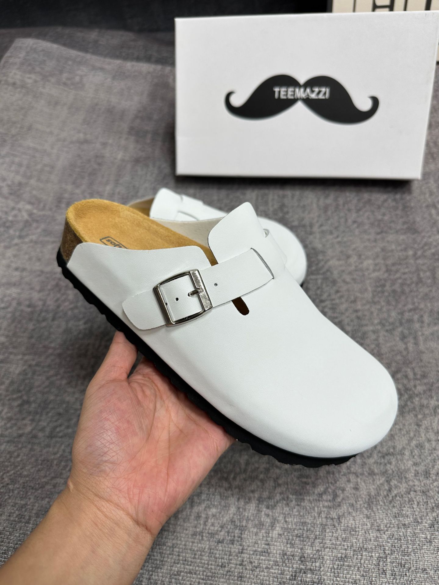 TEEMAZZI ganado de vello con zapatillas de cuero perezosas, zapatillas de moda versátiles con base de corcho Bocken image 13