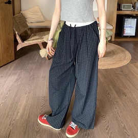 新款神裤巨显瘦!复古格子裤子女春夏季高腰直筒休闲小个子阔腿裤