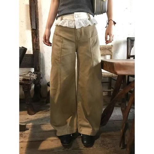 American Retro Patchwork Denim Waist Head Loose Bended Knife Pants for Women, Design Sense High Waist Slimming Straight Leg Wide Leg Pants