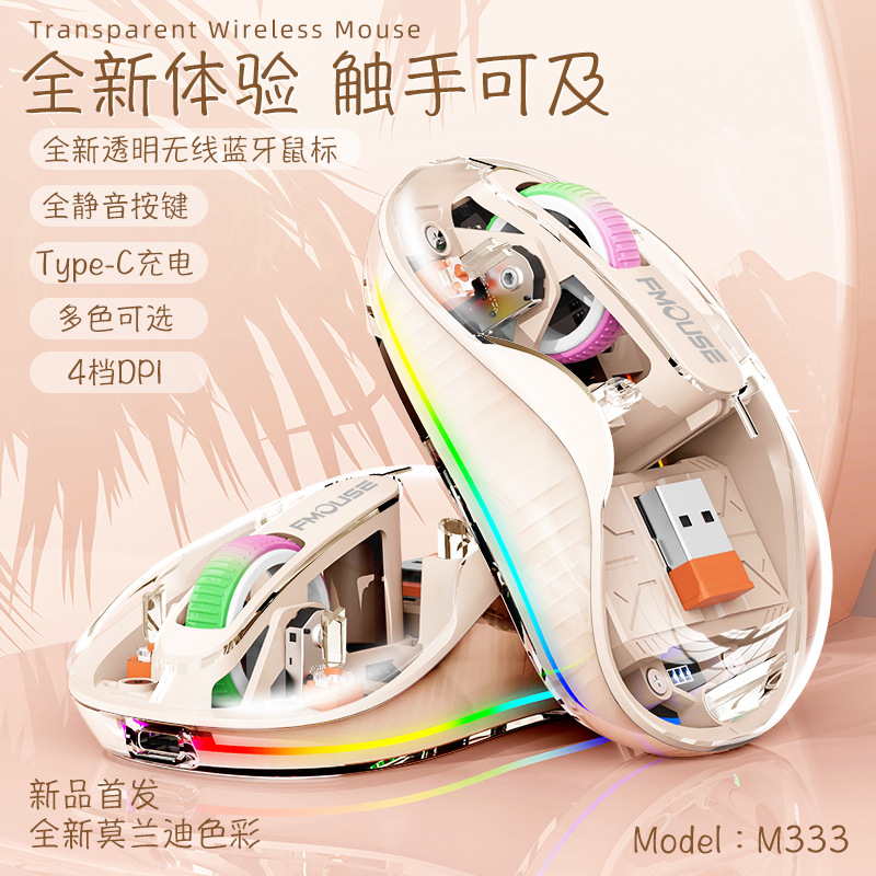 Wireless Bluetooth Three-Mode Transparent Mouse Power Display Engineering Office Mute Luminous Cute Gift