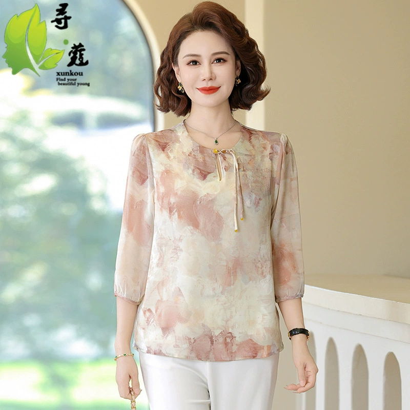 Новая мама топ для женщин среднего и пожилого возраста чернила принт среднего возраста шифоновая рубашка модная тонкая летняя одежда