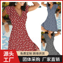 2022春夏新款wish亚马逊数码印花碎花气质通勤V领套头女装连衣裙