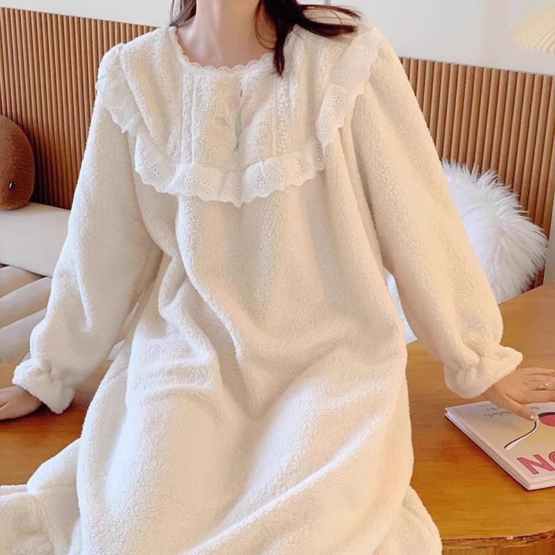 Nightgown for Women in Autumn and Winter, White Cashmere, Lace, Fairy-Like and Cute Pajamas, Coral Velvet Long Nightgown, Home Clothes