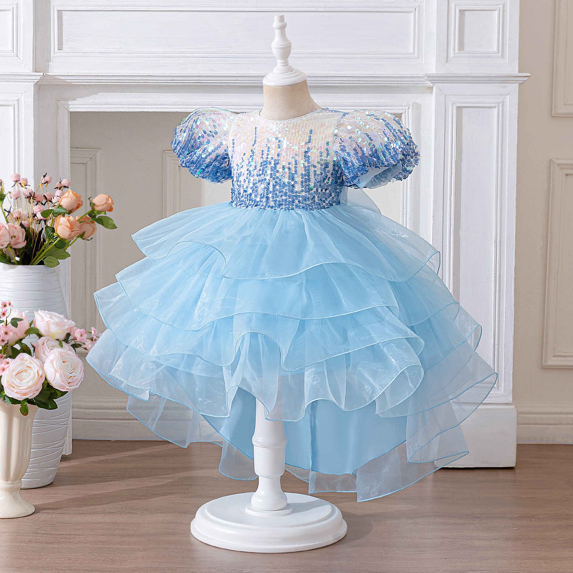Vestido de verano para niñas 2025 nuevo estilo estilo occidental vestido de princesa de malla con lentejuelas para niños vestido de cumpleaños para niñas