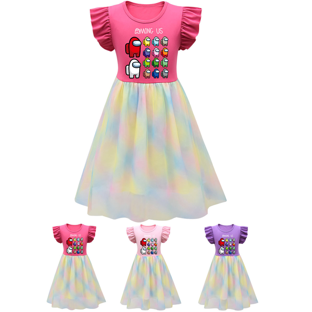 Among us Girls Colorful Mesh Skirt Rainbow Children's Princess Skirt Small Flying Sleeve 8045