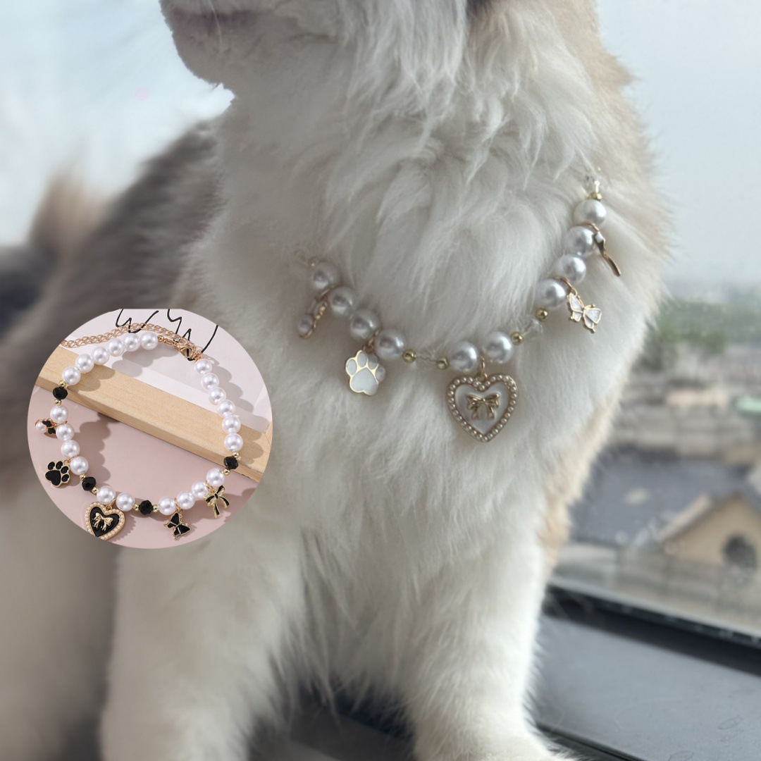Faux Pearl Pet Necklace Collar For Cats & Dogs, Bowknot And Paw Pendant, Cute And Stylish Pet Jewelry Accessory_voghion.com