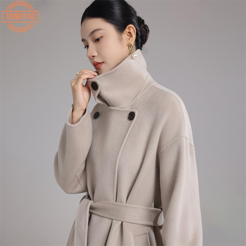 时尚洋气立领双面羊绒大衣女秋冬新款系带宽松中长款羊毛呢外套
