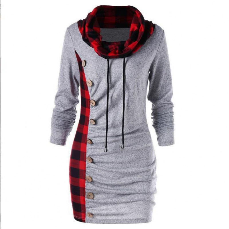 2025 AliExpress независимая станция экспорт осенне-зимняя женская мода клетчатая толстовка с декоративными пуговицами, закрывающая бедра