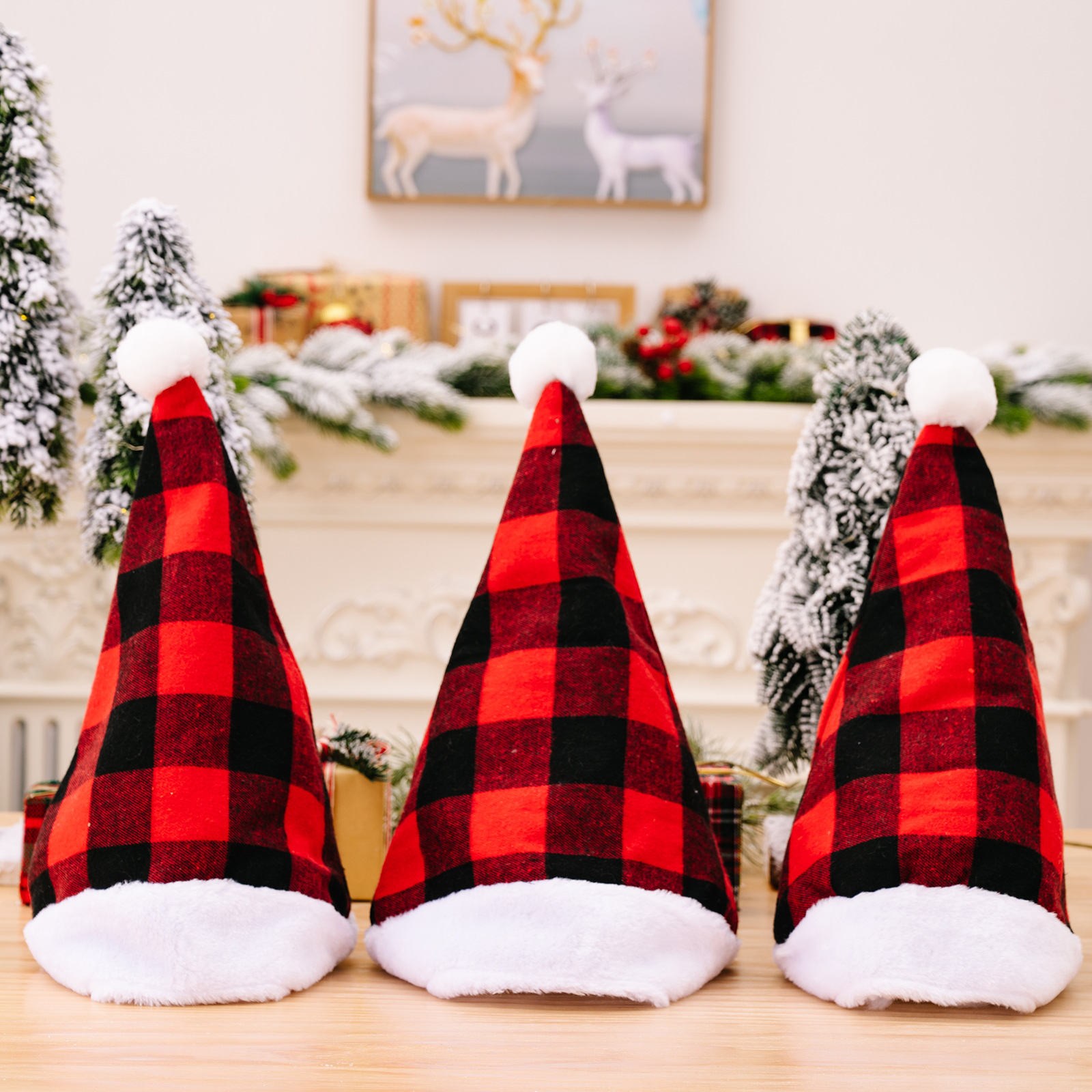 Christmas New Christmas Decoration Plush Edge Plaid Christmas Hat High-end Children's Red and Black Hat Adult Hat_voghion.com