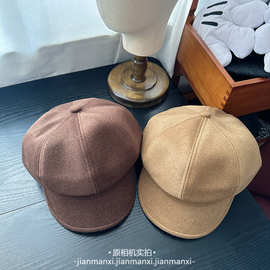 秋冬新款简约毛呢纯色鸭舌帽子女显脸小八角帽时尚短檐复古画家帽