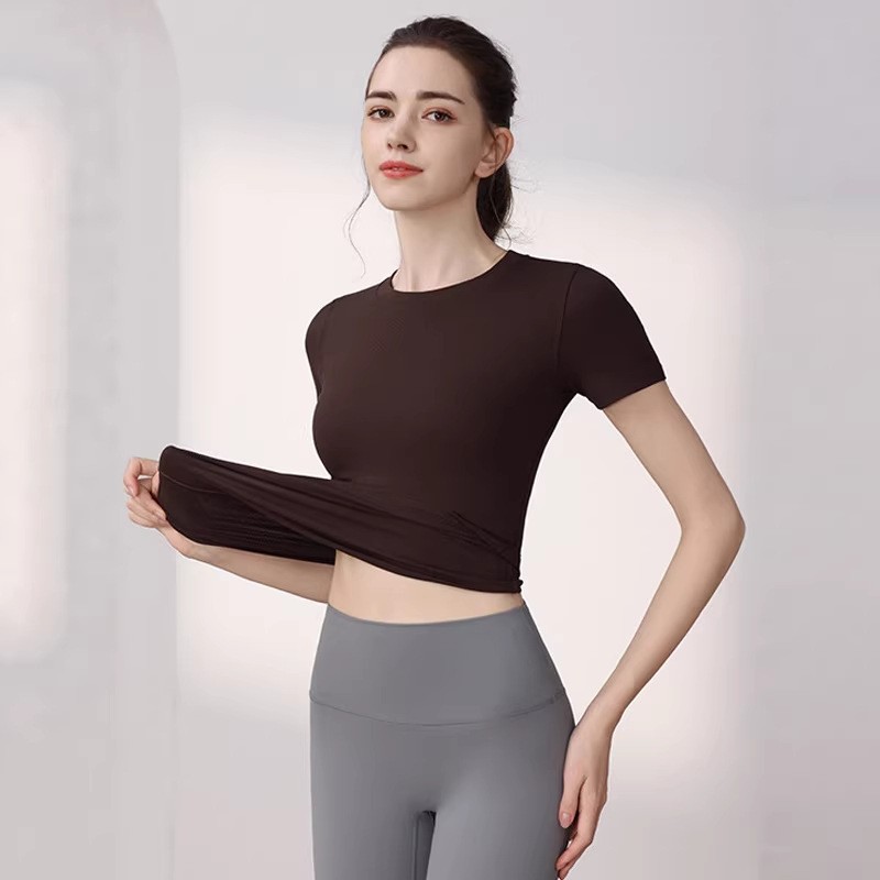 Spring and Summer New Casual Ribbed Sports Short-Sleeved Women's Slim-Fitting, Lightweight, Breathable Yoga t High-Elastic Fitness Wear