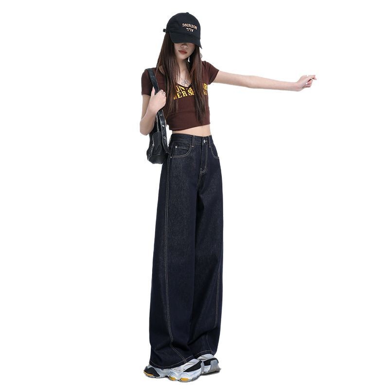 丹寧藍原色広脚ジーンズ女性2025春夏新作高腰曲刀広脚ズボン|undefined