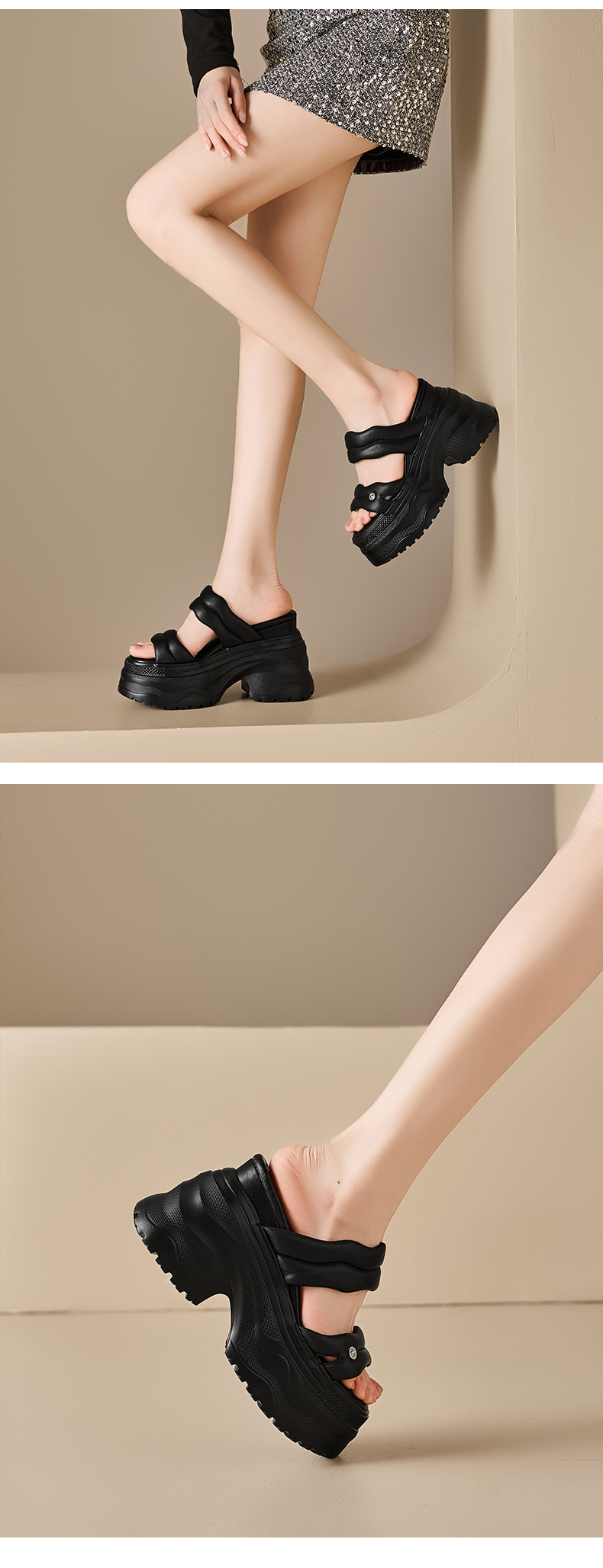 Sandal cao gót nữ đế dày 12cm quai ngang da thật phong cách thể thao — Trắng kem-Da bò, Đen-Da cừu chi tiết 10