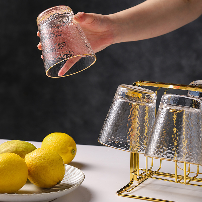 French Crystal Japanese Gold Edge Hammered Pattern Transparent Juice Milk Glass Cup Set Instagram Celebrity Household Ice Water Cup