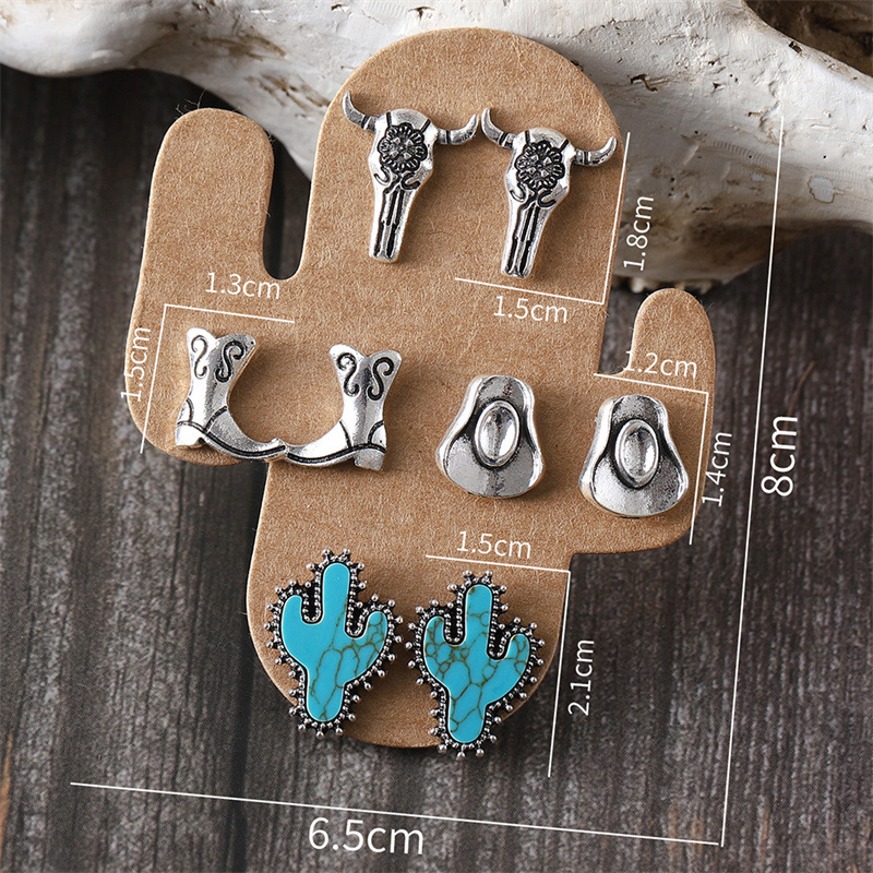 1 Jeu Style Cow-boy Style Moderne Style Classique Cactus Chapeau Bottes Placage Incruster Alliage De Zinc Turquoise Boucles D'Oreilles display picture 1