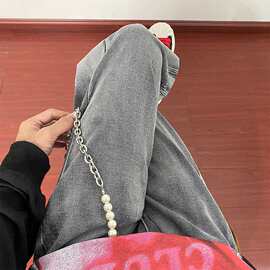 美式链条牛仔裤男士学生裤直筒扎染潮牌高街bf嘻哈复古休闲长裤子