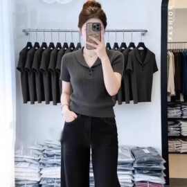 仅用于产品展示勿拍-深灰色娃娃衫冰丝针织短袖T恤女夏季薄款高端