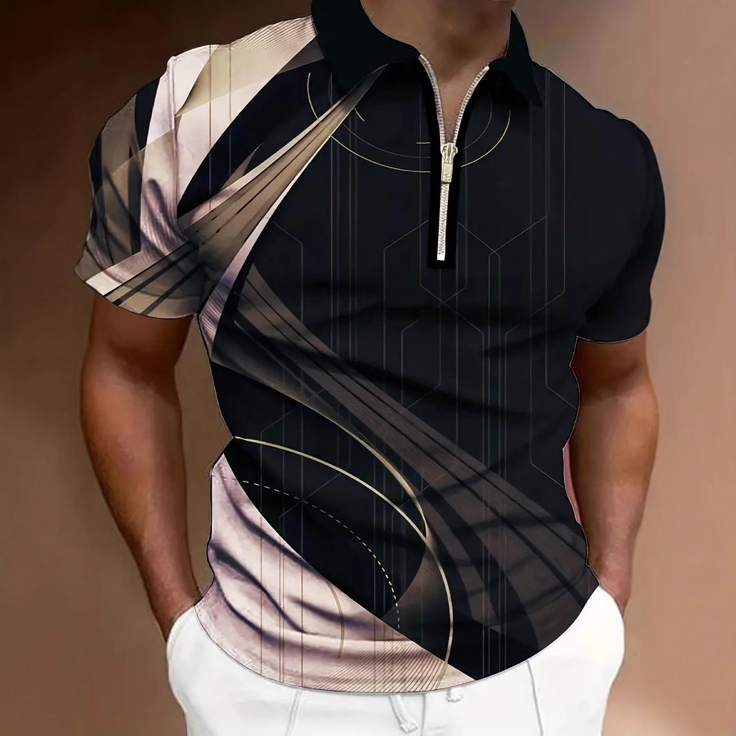 Tendencia de moda Camisa POLO con cremallera suelta y transpirable con ancho de hombro recto de la calle principal de negocios para hombres con estampado digital en 3D