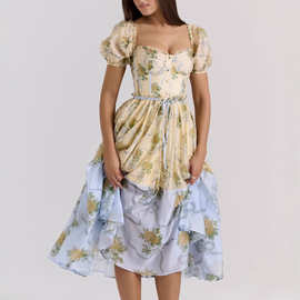 欧美2025夏季新款波西米亚风柠檬黄花卉雪纺中长连衣裙R10-0579
