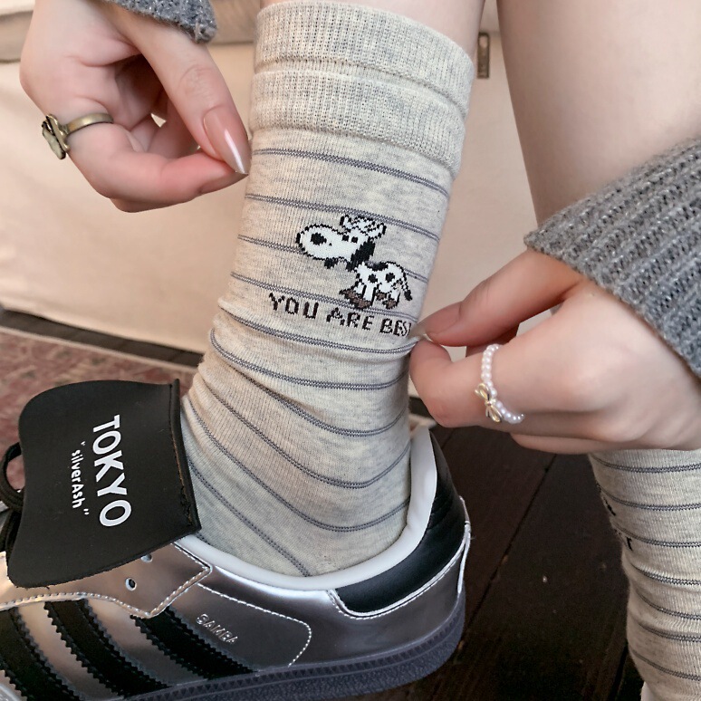 Double Ruffle Socks for Women, Cute Cartoon Dog Pattern, Sweet Lace Polka Dot Long Socks, Striped Slouch Socks