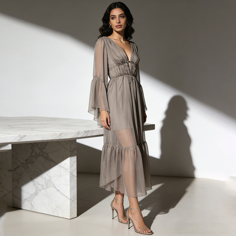 Gentle Fairy-Style Gray Pink Chiffon Long Dress 2026 Summer New Women's Dress with Lotus Leaf Sleeves and High Waist Irregular Hem Gentle Fairy-Style Gray Pink Chiffon Long Dress 2026 Summer New Women's Dress with Lotus Leaf Sleeves and High Waist Irregular Hem