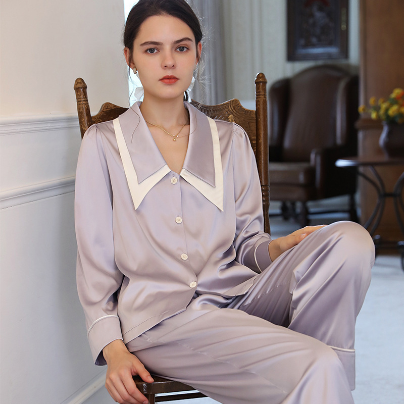 Long-Sleeved Pajamas for Women, Spring & Fall Satin Two-Piece Set, French Style Lapel, Loose Home Wear Set, Accessible Luxury and Mature
