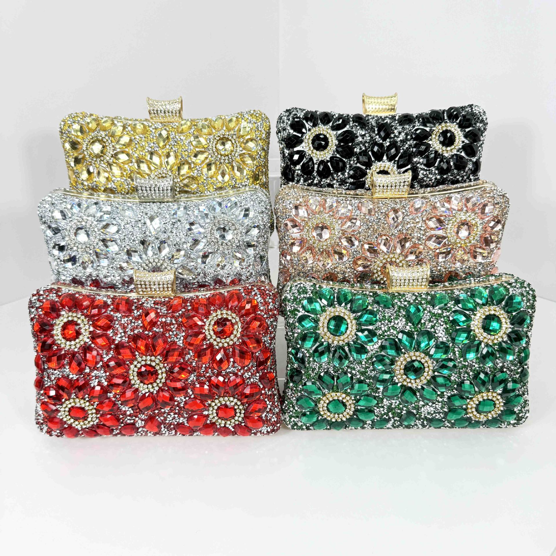 New Vintage Diamond-encrusted Evening Bag Double-sided Color Gem Evening Bag Women's Hand-held Chain Banquet Bag Cheongsam Bag