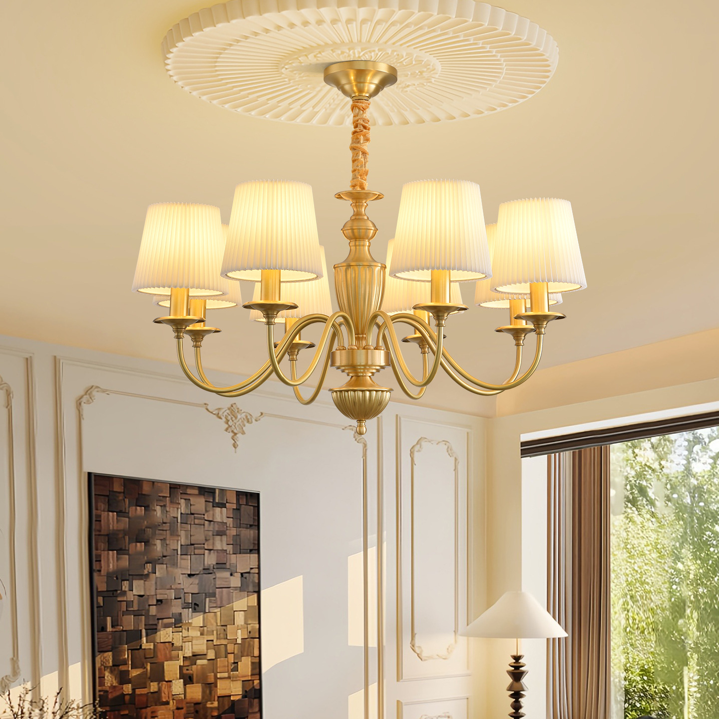 Lámpara de la sala de estar de estilo americano de cobre sala de vestíbulos de tela retrógrada simple atmósfera nueva iluminación creativa de restaurante 413L