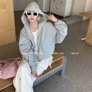Lace Splicing Hooded Short Jacket Women's Thin 2025 Spring and Summer Fashionable Slimming Look Sun Protection Top