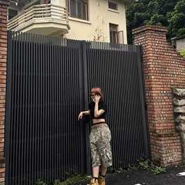 欧美跨境美式街头原宿复古做旧树枝迷彩印花宽松直筒休闲裤七分裤