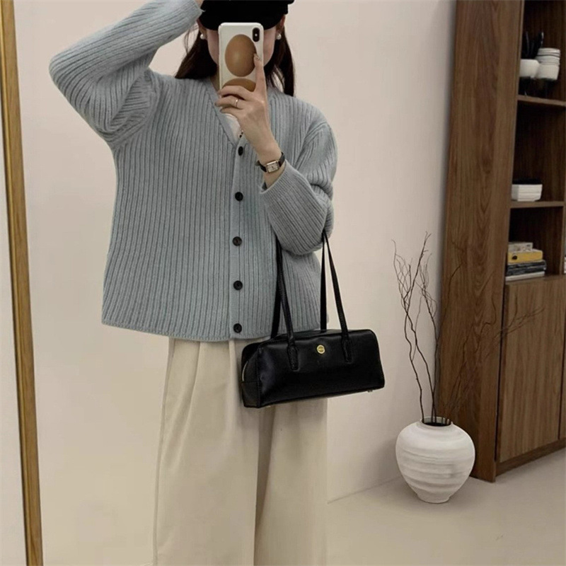 慵懒风休闲韩系坑条单排扣针织开衫女秋冬新款外搭软糯毛衣外套潮|undefined