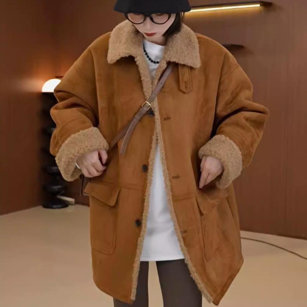 한국 스타일 빈티지 스웨이드 LAMBSWOOL COAT 여자 겨울 2024 새로운 느슨한 슬리밍 중간 길이 모피 원