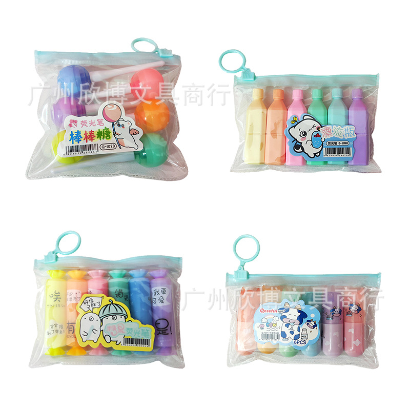 Exaltador de modelado de dibujos animados múltiples, 6 bolsas, diagonales, notas, puntos clave, estudiantes de primaria, marcadores, graffiti