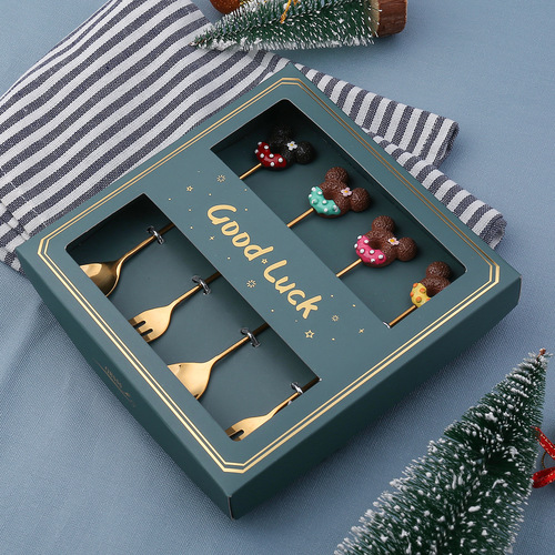W Creative Stainless Steel Spoon and Fork Stirring Coffee Spoon Donut Spoon Cute Cartoon Fruit Fork Gift Box Set