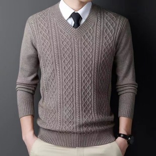Autumn and Winter Thickeneded Men's Woolen Sweater Thick Line V Neck Zipper Pullover Sweater Casual Large Size Bottoming Knitted Sweater