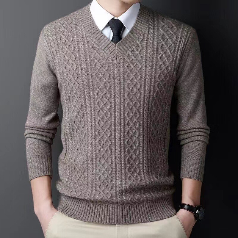 Autumn and Winter Thickeneded Men's Woolen Sweater Thick Line V Neck Zipper Pullover Sweater Casual Large Size Bottoming Knitted Sweater