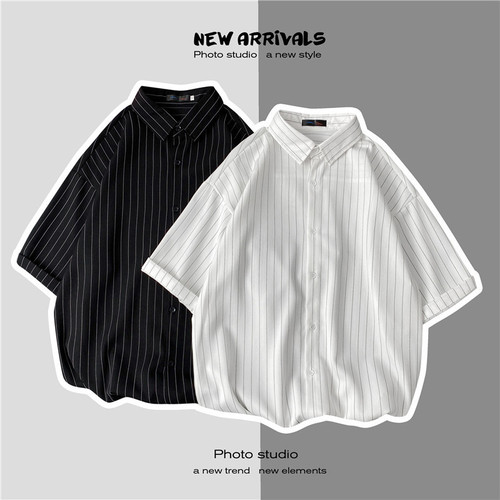 Japanese-style vertical striped short-sleeve men's summer thin casual shirt jacket, Hong Kong wind, loose, Korean trend