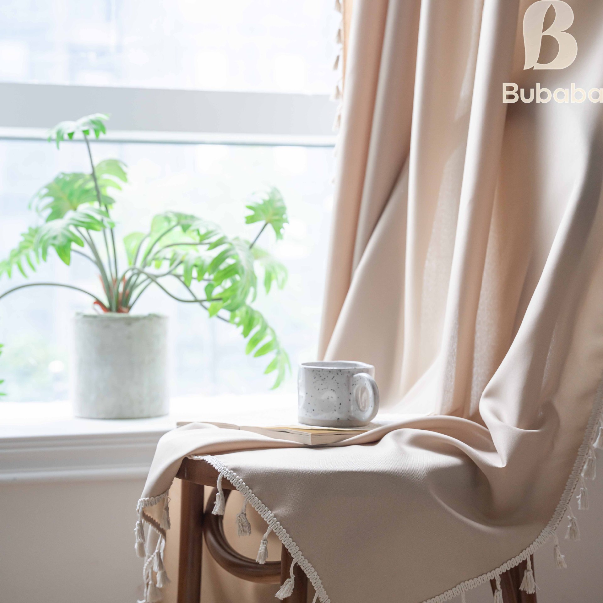 Bubaba Cross-Border Bohemian Farmhouse Style Uni Color Finished Curtains With Franses Semi-Blackout For Living Room,_voghion.com